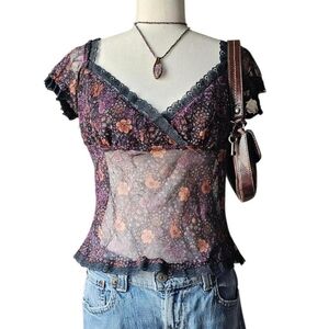 XOXO Sheer Floral Lace-Trim Top - Medium